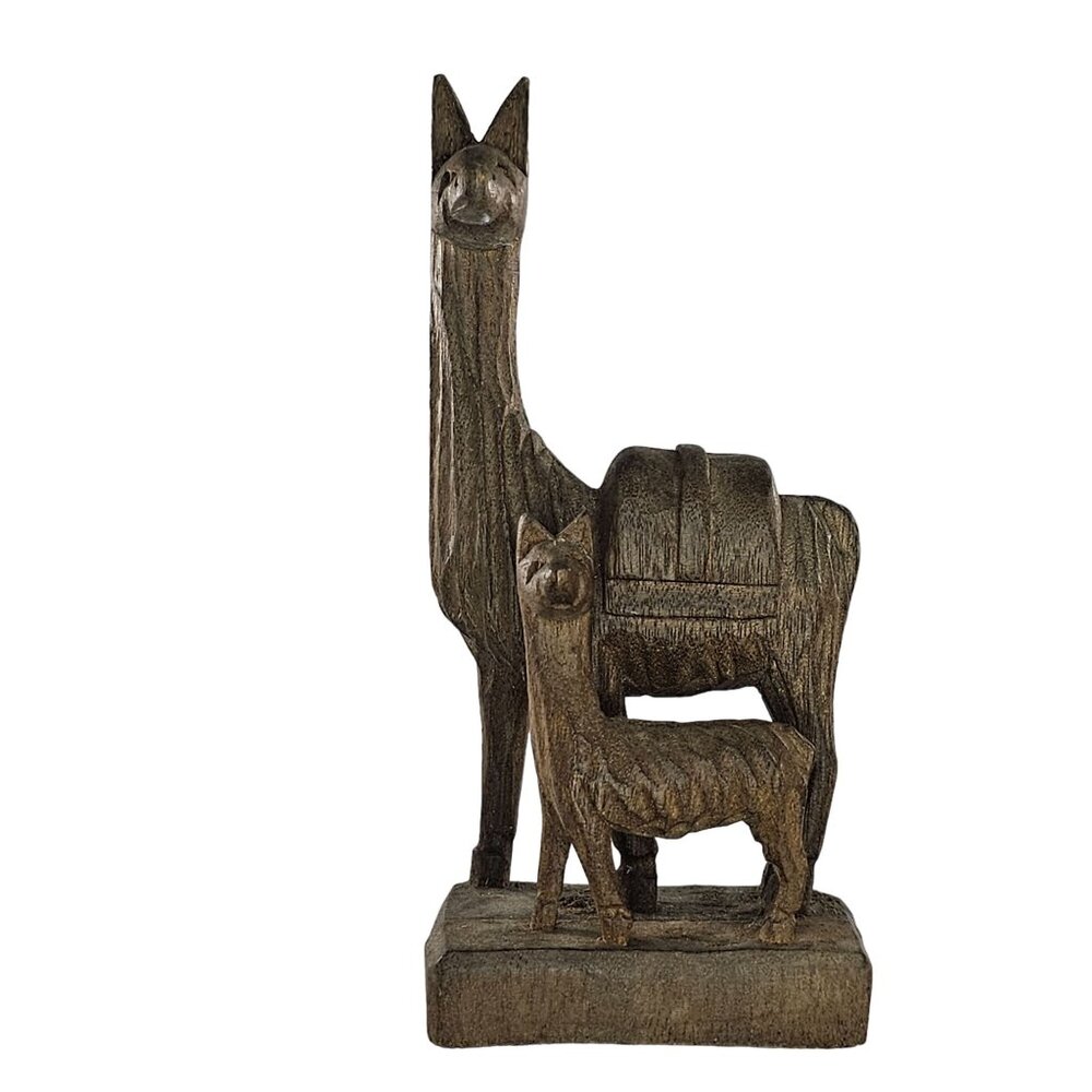 Hand Carved Wooden Llama Alpaca Statue Mom Baby Unique Rustic Home Decor